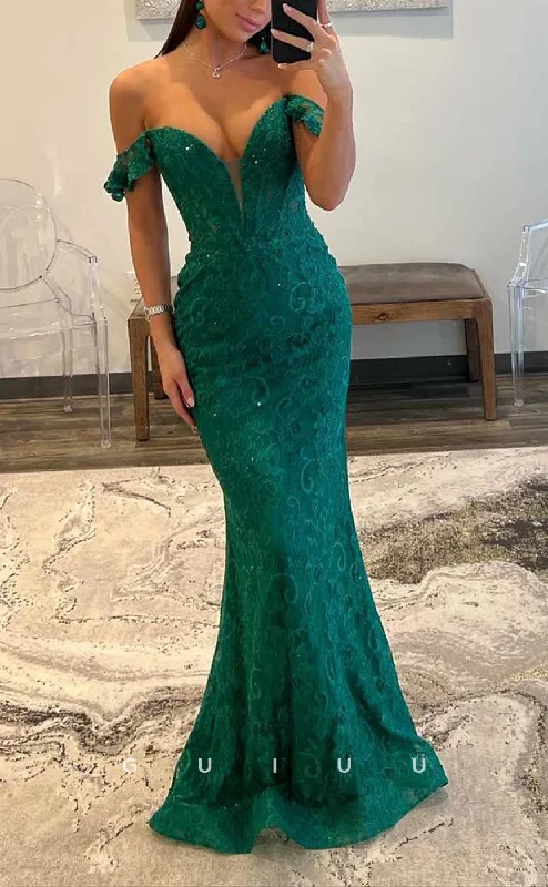 evening gowns with side appliques-G4373 - Sexy & Hot Sheath Off Shoulder Allover Lace Draped Evening Gown Prom Dress with Beads and Ruffles evening gowns with side appliques-G4373 - Sexy & Hot Sheath Off Shoulder Allover Lace Draped Evening Gown Prom Dress with Beads and Ruffles