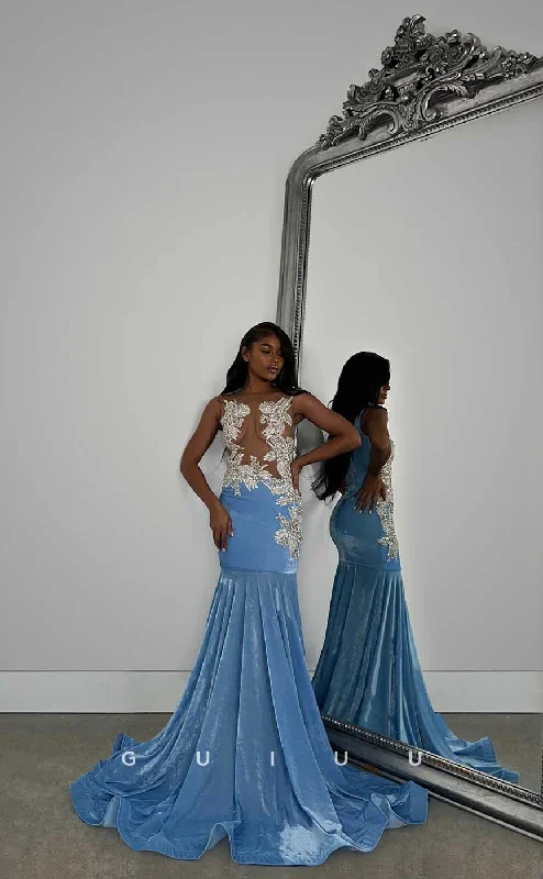evening dress for executive dinners-G4422 -Mermaid Sleeveless Illsion Baby Blue Velvet Prom Evening Dress with Train for Black Girl Slay evening dress for executive dinners-G4422 -Mermaid Sleeveless Illsion Baby Blue Velvet Prom Evening Dress with Train for Black Girl Slay
