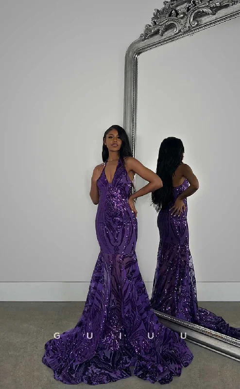 evening gowns with side ruching-G4425 - Unique Mermaid Halter Sequined Sleeveless Open Back Prom Evening Dress with Train for Black Girl Slay evening gowns with side ruching-G4425 - Unique Mermaid Halter Sequined Sleeveless Open Back Prom Evening Dress with Train for Black Girl Slay