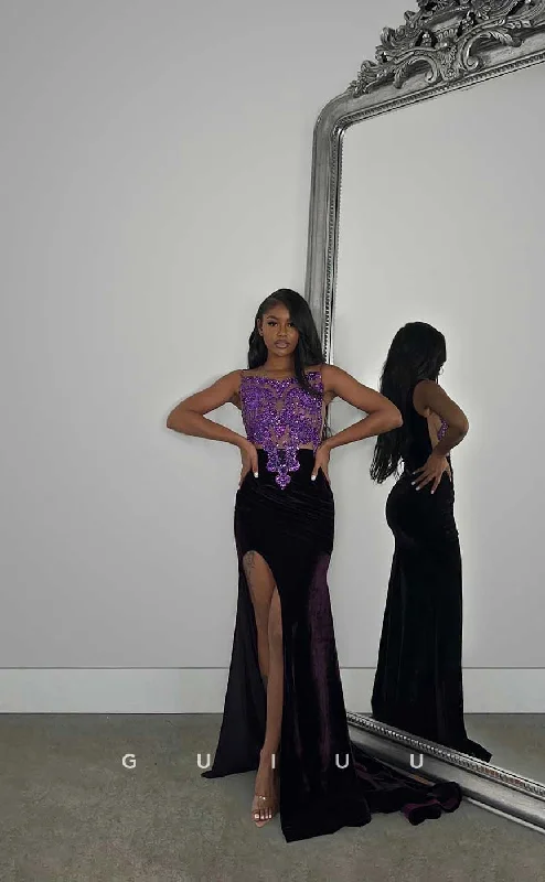 evening dress for milestone birthdays-G4426 - Classic Column Sleeveless Velvet Appliques Prom Evening Dress with Slit ang Train for Black Girl Slay evening dress for milestone birthdays-G4426 - Classic Column Sleeveless Velvet Appliques Prom Evening Dress with Slit ang Train for Black Girl Slay