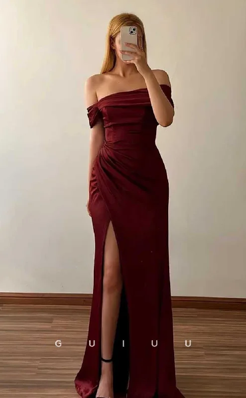 layered chiffon evening dresses-G4533 - Elegant Off-Shoulder Wine Red Pleats Prom Evening Dress with Slit layered chiffon evening dresses-G4533 - Elegant Off-Shoulder Wine Red Pleats Prom Evening Dress with Slit