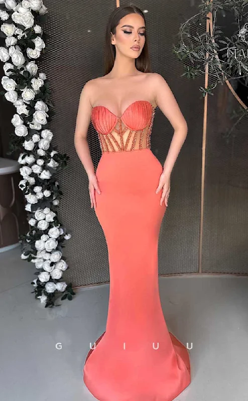 choker necklace with evening dress-G4609 - Chic & Modern Mermaid Strapless Sleeveless Prom Evening Gown with Train