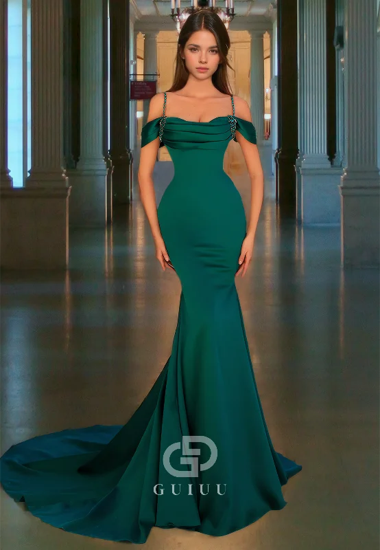 evening gowns with side zippers-Mermaid Pleated Dark Green Prom Dress Sweep Train Evening Dress with Beads evening gowns with side zippers-Mermaid Pleated Dark Green Prom Dress Sweep Train Evening Dress with Beads