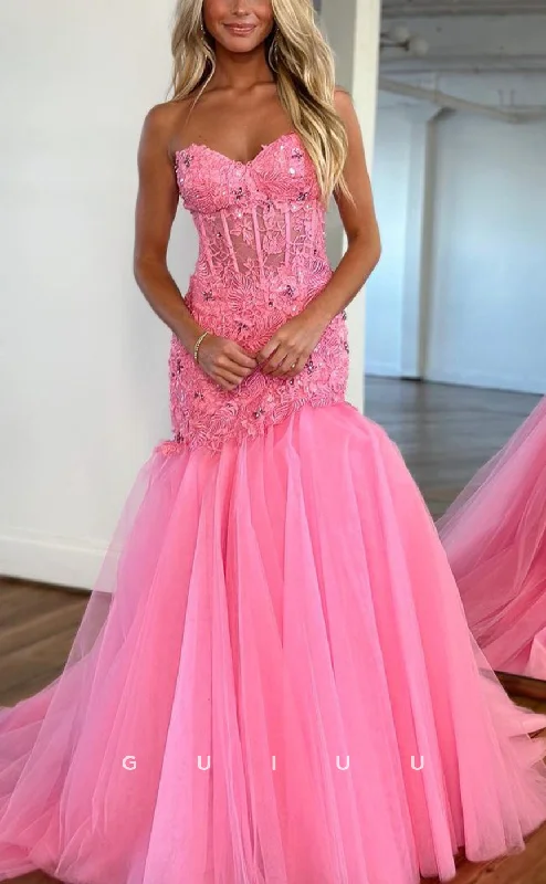 ruched evening dresses for curves-G2774 - Chic & Modern Memaid Strapless Applique Sheer Tulle Prom Evening Dress ruched evening dresses for curves-G2774 - Chic & Modern Memaid Strapless Applique Sheer Tulle Prom Evening Dress