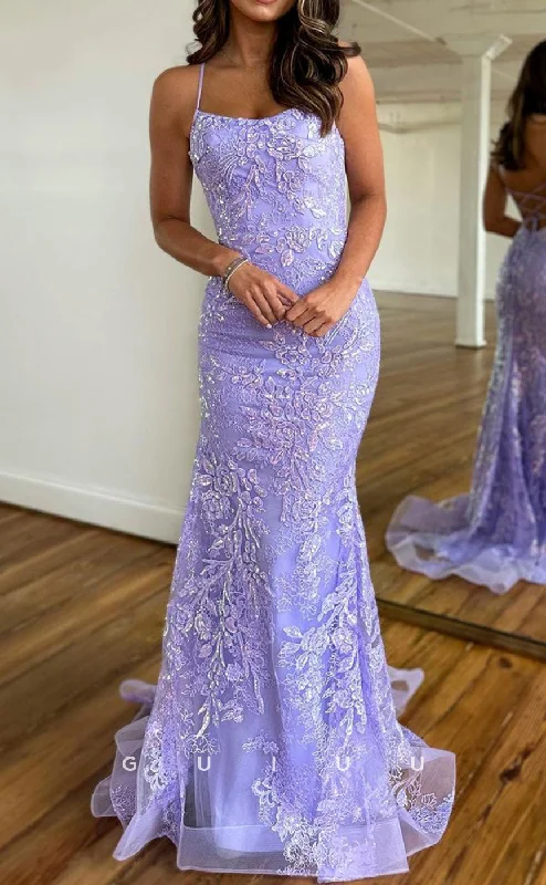crystal embellished evening dresses-G2778 - Chic & Modern Mermaid Applique Straps Lavender Prom Evening Dress crystal embellished evening dresses-G2778 - Chic & Modern Mermaid Applique Straps Lavender Prom Evening Dress