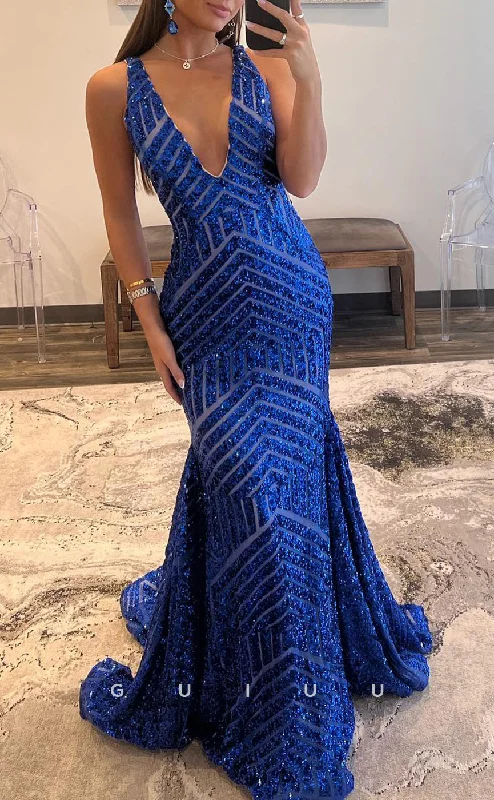 evening gowns with side pockets-G2781 - Chic & Modern V-Neck Mermaid Sequins Blue Long Prom Evening Dress evening gowns with side pockets-G2781 - Chic & Modern V-Neck Mermaid Sequins Blue Long Prom Evening Dress