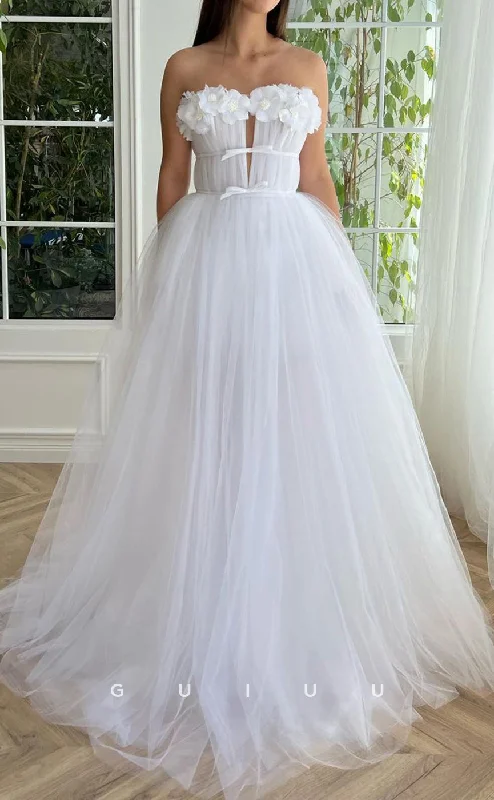 asymmetrical hem evening gowns-G2790 - A-Line V-Neck Floral Embossed White Tulle Long Prom Evening Dress asymmetrical hem evening gowns-G2790 - A-Line V-Neck Floral Embossed White Tulle Long Prom Evening Dress
