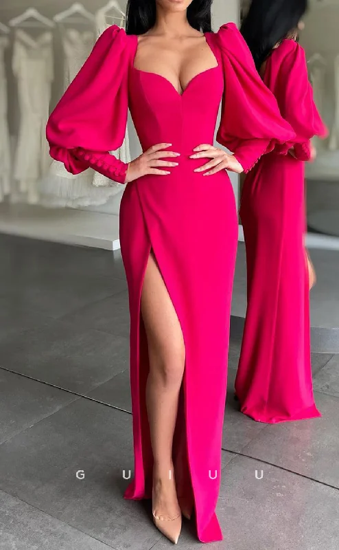 cold-shoulder evening dresses-G2792 - Chic & Modern Sheath Puffy Sleeves Formal Prom Evening Dress With Slit cold-shoulder evening dresses-G2792 - Chic & Modern Sheath Puffy Sleeves Formal Prom Evening Dress With Slit