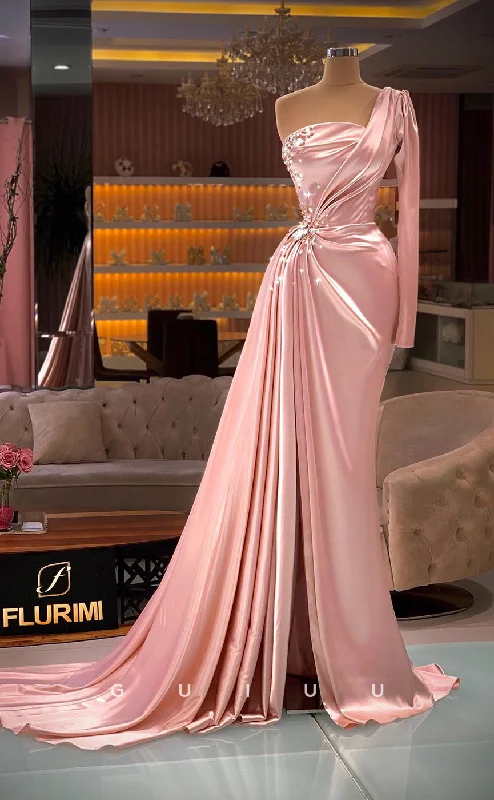 evening gowns with corset lacing-G2793 - Chic & Modern Beaded Satin Ruched Long Sleeves Formal Prom Evening Dress evening gowns with corset lacing-G2793 - Chic & Modern Beaded Satin Ruched Long Sleeves Formal Prom Evening Dress