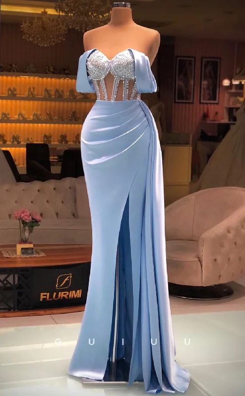 maternity evening dresses for events-G2807 - Chic & Modern Off-Shoulder Beaded Sheer Ruched Long Prom Evening Dress maternity evening dresses for events-G2807 - Chic & Modern Off-Shoulder Beaded Sheer Ruched Long Prom Evening Dress