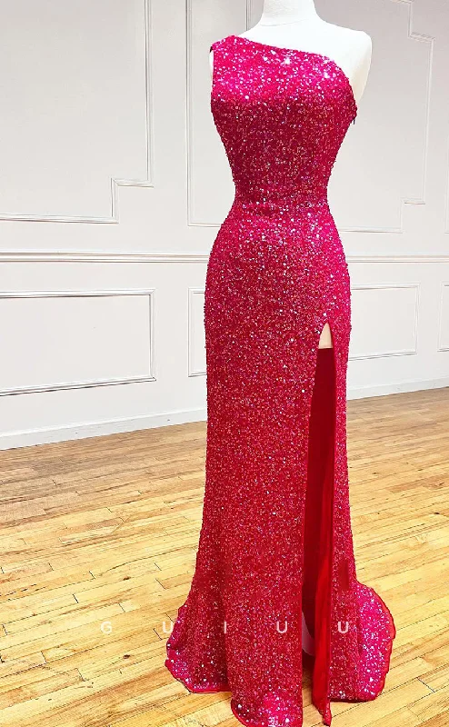 chiffon evening dresses for summer-G2814 - One Shoulder Sequins Red Lace Up Prom Evening Dress With Slit chiffon evening dresses for summer-G2814 - One Shoulder Sequins Red Lace Up Prom Evening Dress With Slit