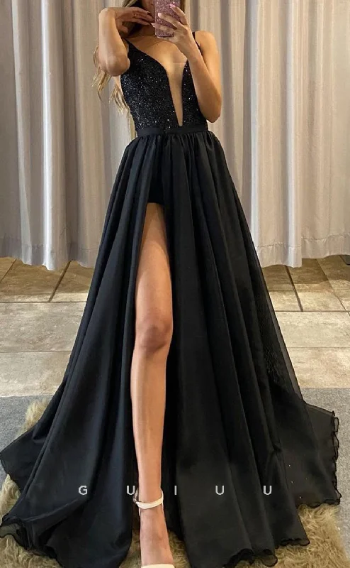 beaded evening dresses for receptions-G2825 - A-Line Glitter V-Neck Two Piece Tulle Black Long Prom Evening Dress beaded evening dresses for receptions-G2825 - A-Line Glitter V-Neck Two Piece Tulle Black Long Prom Evening Dress