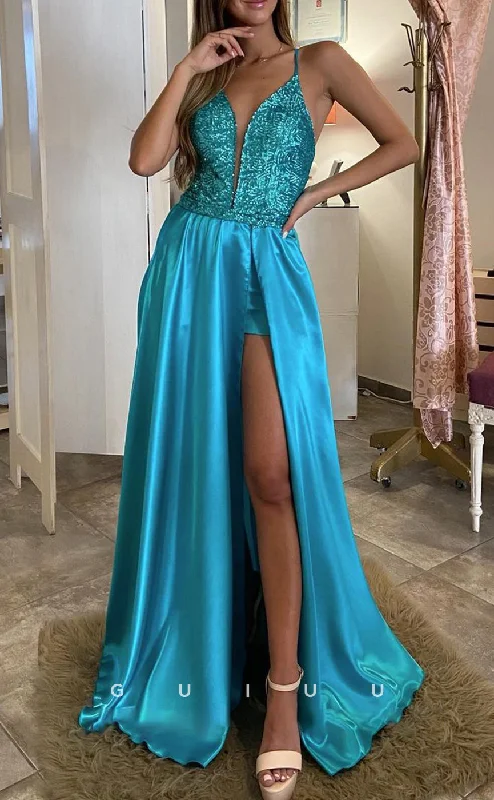 custom-made evening gown designers-G2828 - A-Line Glitter V-Neck Spaghetti Straps Two Piece Satin Prom Evening Dress custom-made evening gown designers-G2828 - A-Line Glitter V-Neck Spaghetti Straps Two Piece Satin Prom Evening Dress