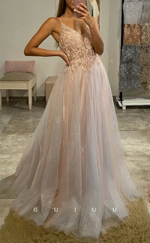 petite evening dresses with heels-G2832 - Chic & Modern A-Line V-Neck Sequins Long Tulle Prom Evening Dress petite evening dresses with heels-G2832 - Chic & Modern A-Line V-Neck Sequins Long Tulle Prom Evening Dress