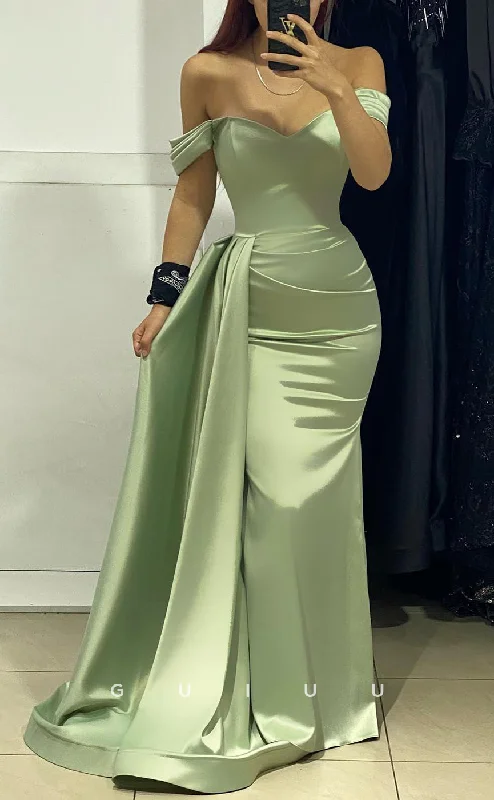 floor-length evening dresses for galas-G2836 - Chic & Modern Off-Shoulder Satin Ruched Long Prom Evening Dress floor-length evening dresses for galas-G2836 - Chic & Modern Off-Shoulder Satin Ruched Long Prom Evening Dress