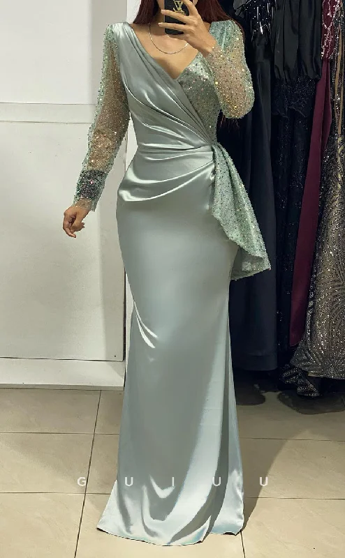 evening dresses with open back designs-G2843 - Elegant & Fitted V-Neck Beaded Ruched Long Sleeves Prom Evening Dress evening dresses with open back designs-G2843 - Elegant & Fitted V-Neck Beaded Ruched Long Sleeves Prom Evening Dress