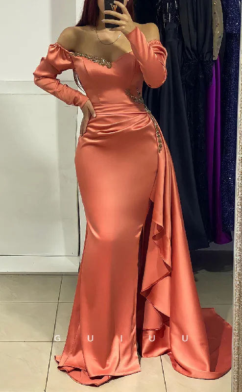 asymmetric neckline evening dresses-G2845 - Elegant Off-Shoulder Sequins Ruched Long Sleeves Prom Evening Dress asymmetric neckline evening dresses-G2845 - Elegant Off-Shoulder Sequins Ruched Long Sleeves Prom Evening Dress