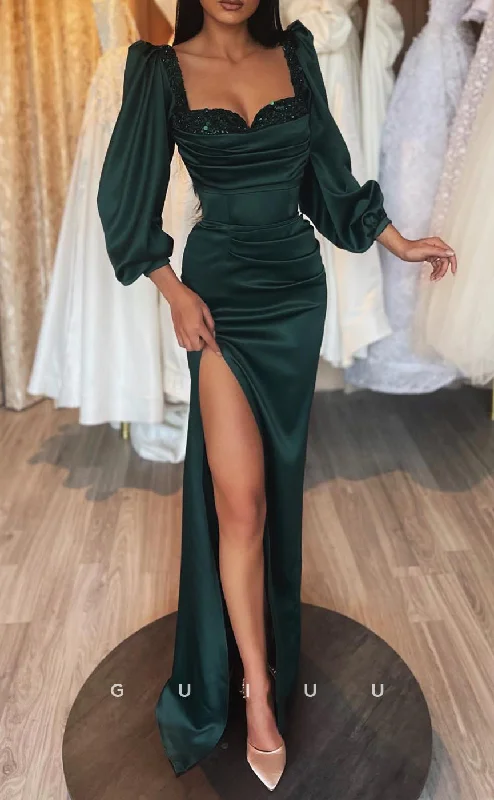 long sleeve evening dresses for winter-G2849 - Chic & Modern Sequins Square Ruched Satin Long Sleeves Prom Evening Dress long sleeve evening dresses for winter-G2849 - Chic & Modern Sequins Square Ruched Satin Long Sleeves Prom Evening Dress