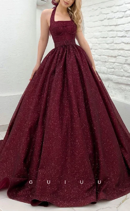 evening dress for brand premieres-G2854 - Classic & Timeless Glitter A-Line Halter Burgundy Long Prom Evening Dress evening dress for brand premieres-G2854 - Classic & Timeless Glitter A-Line Halter Burgundy Long Prom Evening Dress
