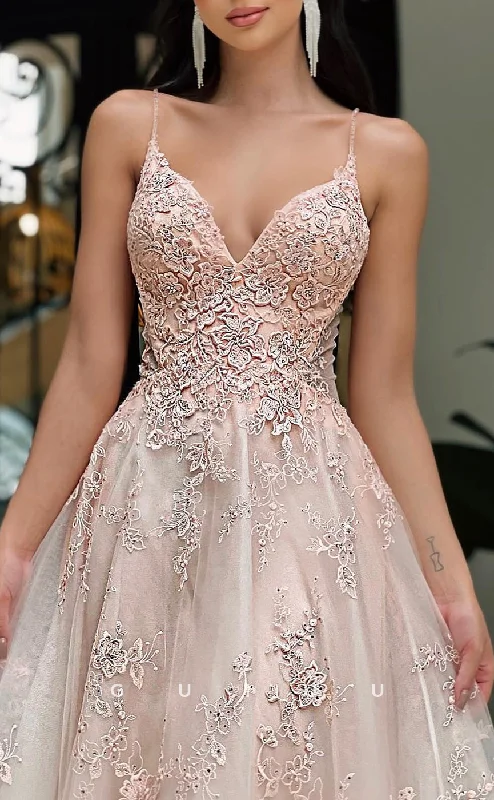 embroidered evening dress hems-G2864 - Elegant & Luxurious V-Neck Straps Applique Tulle Pink Long Prom Evening Dress