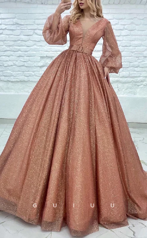 lace-up back evening dresses-G2867 - Elegant & Luxurious Glitter A-Line V-Neck Long Sleeves Prom Evening Dress lace-up back evening dresses-G2867 - Elegant & Luxurious Glitter A-Line V-Neck Long Sleeves Prom Evening Dress