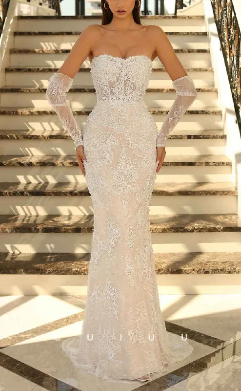 velvet trim evening dresses-G3103 - Elegant & Sheath Strapless Lace Beaded Long Formal Prom Evening Dress