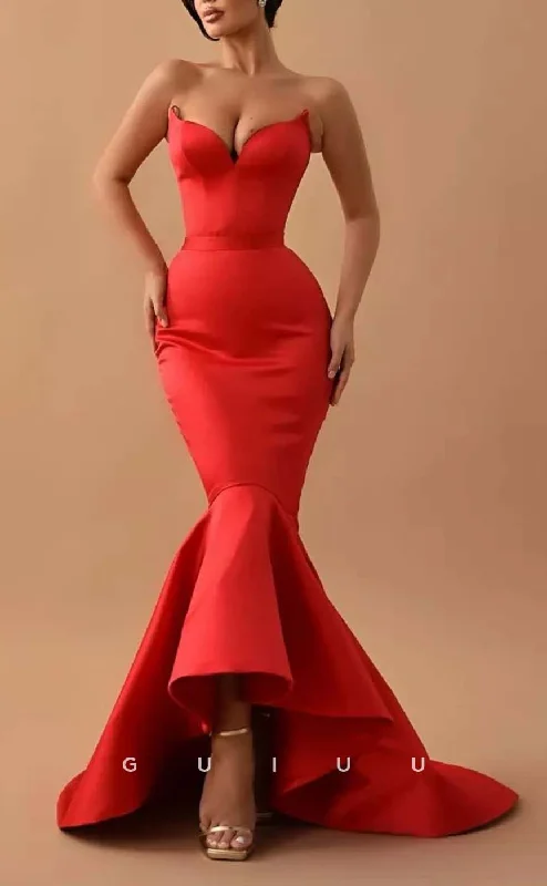 evening gowns with side frills-G3146 - Mermaid Sweetheart Satin Long Formal Prom Evening Dresses