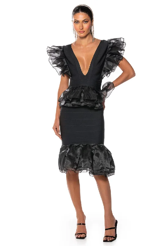 evening dress for fashion panels-INTO THE NIGHT BLACK RUFFLE BANDAGE DRESS