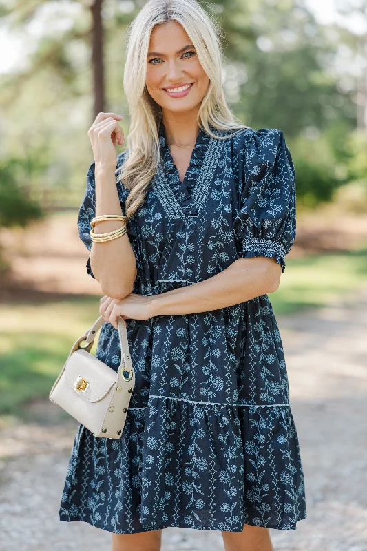 evening gowns with side gathers-Make A Move Midnight Blue Floral Dress