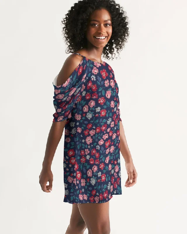 evening dress for book launches-Midnight blue pretty glance.  Women's All-Over Print Open Shoulder A-Line Dress