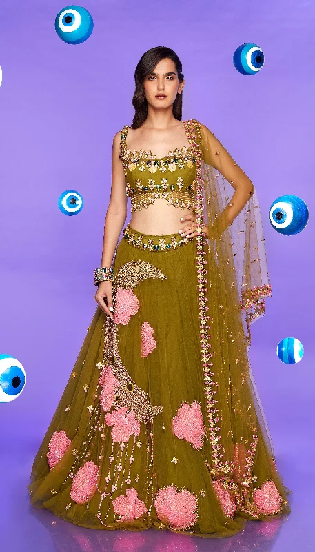evening dress jewelry pairings-NIGHT BABE - OLIVE GREEN EMBELISHED FULL LEHENGA SET evening dress jewelry pairings-NIGHT BABE - OLIVE GREEN EMBELISHED FULL LEHENGA SET