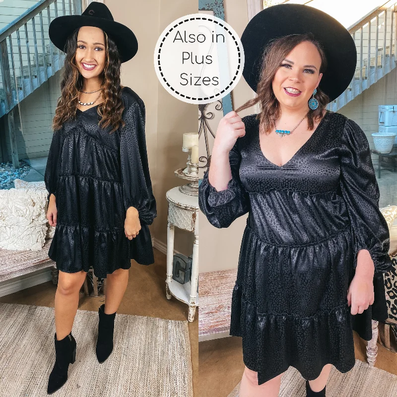 evening gowns for corporate galas-Midnight Shine Dotted Ruffle Tiered Satin Dress with Back Tie in Black evening gowns for corporate galas-Midnight Shine Dotted Ruffle Tiered Satin Dress with Back Tie in Black