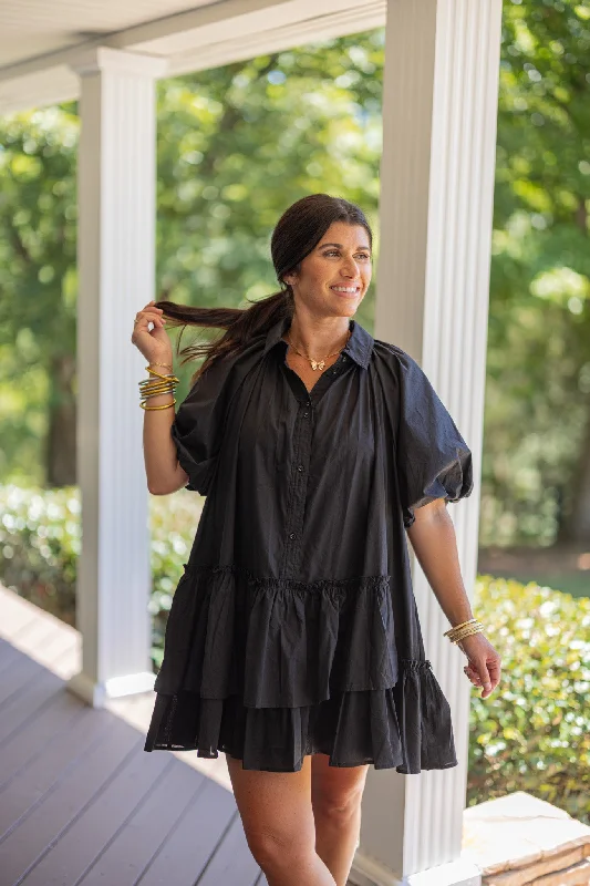 evening gowns with side pleating-Midnight Dancer Black Ruffled Dress