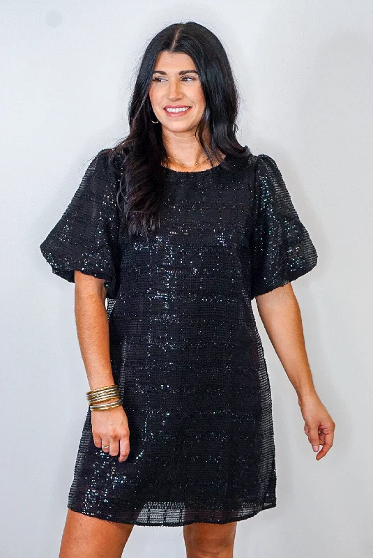 evening gowns with side ruching-Chasing Midnight Black Sequin Dress
