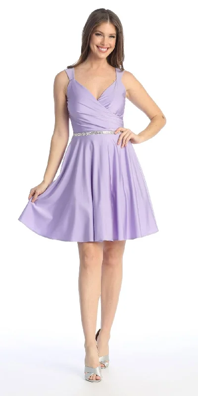 evening dress for charity runs-Celavie 6547-S Short V-Neckline Evening A-Line Dress