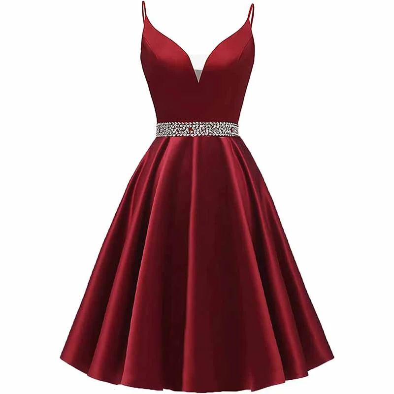 detachable train evening dresses-Girls Spaghetti Short Satin Prom Dress V-Neck Beaded Homecoming Evening Party Gowns detachable train evening dresses-Girls Spaghetti Short Satin Prom Dress V-Neck Beaded Homecoming Evening Party Gowns