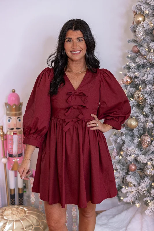 evening gowns with side gathers-Magical Nights Burgundy Bow Dress