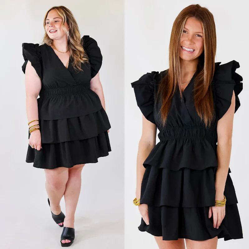 quilted evening dress designs-The Perfect Night Ruffle Cap Sleeve Dress in Black