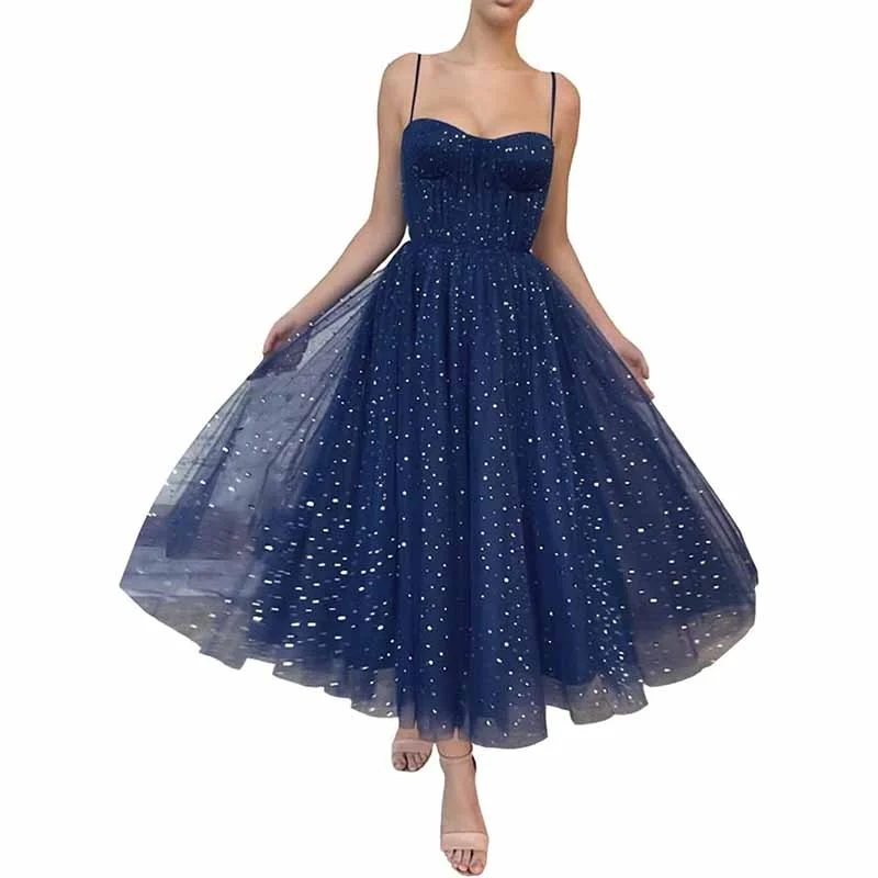 evening gowns with side lace-up-Tulle Prom Dresses Tea Length Spaghetti Straps A Line Pleated Formal Evening Gowns evening gowns with side lace-up-Tulle Prom Dresses Tea Length Spaghetti Straps A Line Pleated Formal Evening Gowns