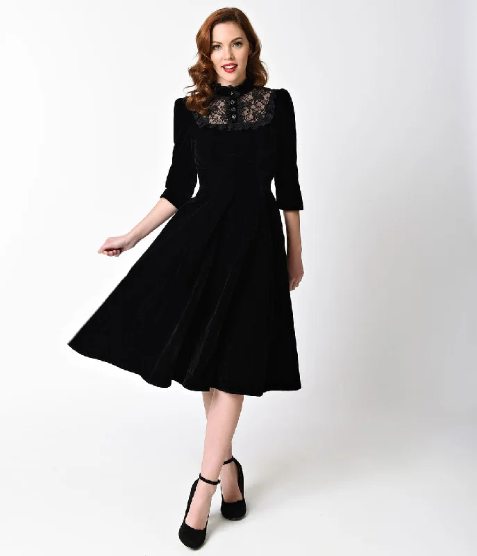 evening dress for tech exhibitions-1940s Style Black Velvet & Lace Nightshade Half Sleeve Swing Dress