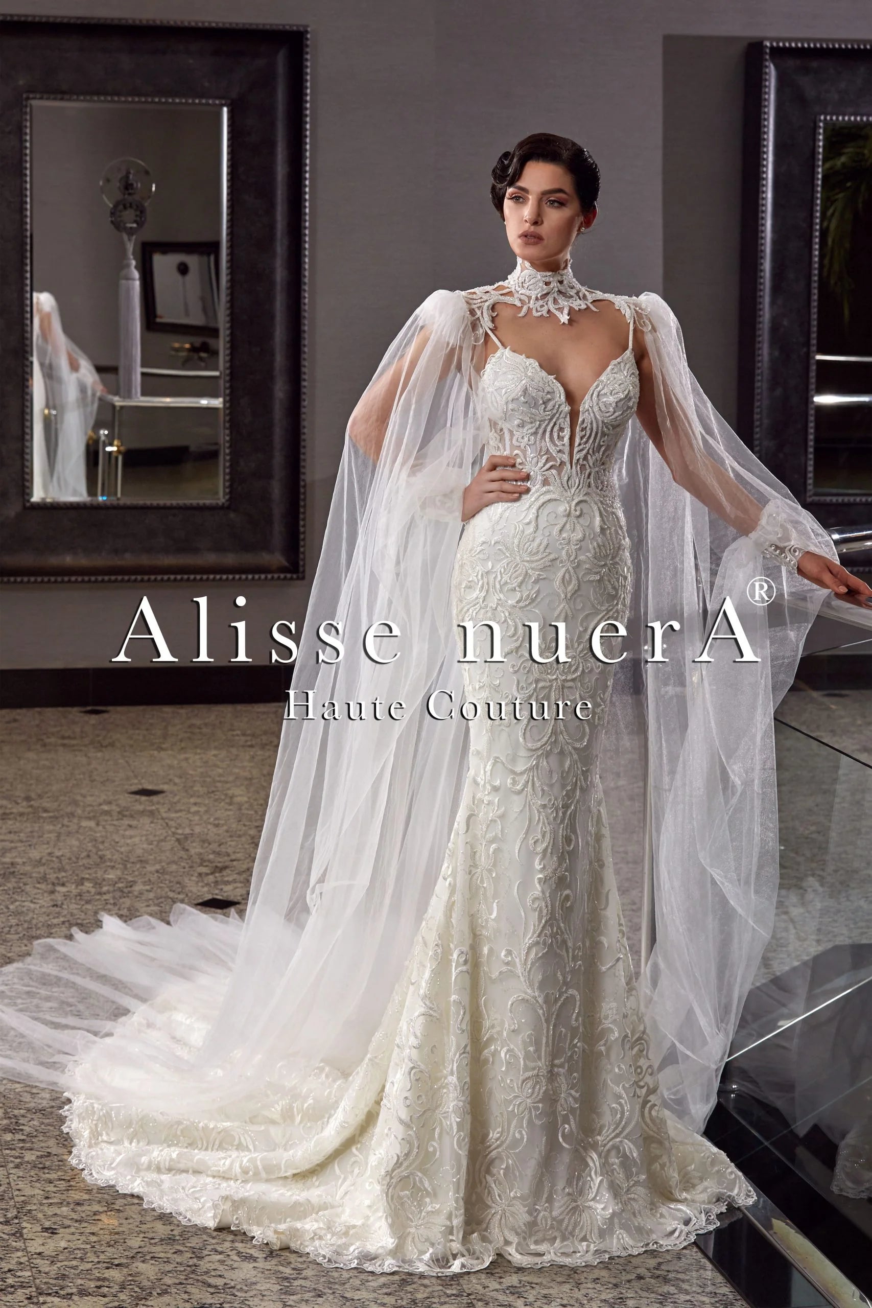 Wedding dress excellent customer service--2 in 1 Wedding Gown with Long Tulle Bridal Cape with High Neck Lace Wedding dress excellent customer service--2 in 1 Wedding Gown with Long Tulle Bridal Cape with High Neck Lace