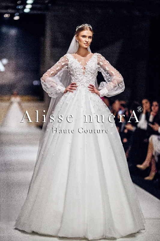 Wedding dress that is stunning amazing--3D Floral Lace Long Balloon Sleeve A Line Wedding Dress Model Wedding dress that is stunning amazing--3D Floral Lace Long Balloon Sleeve A Line Wedding Dress Model