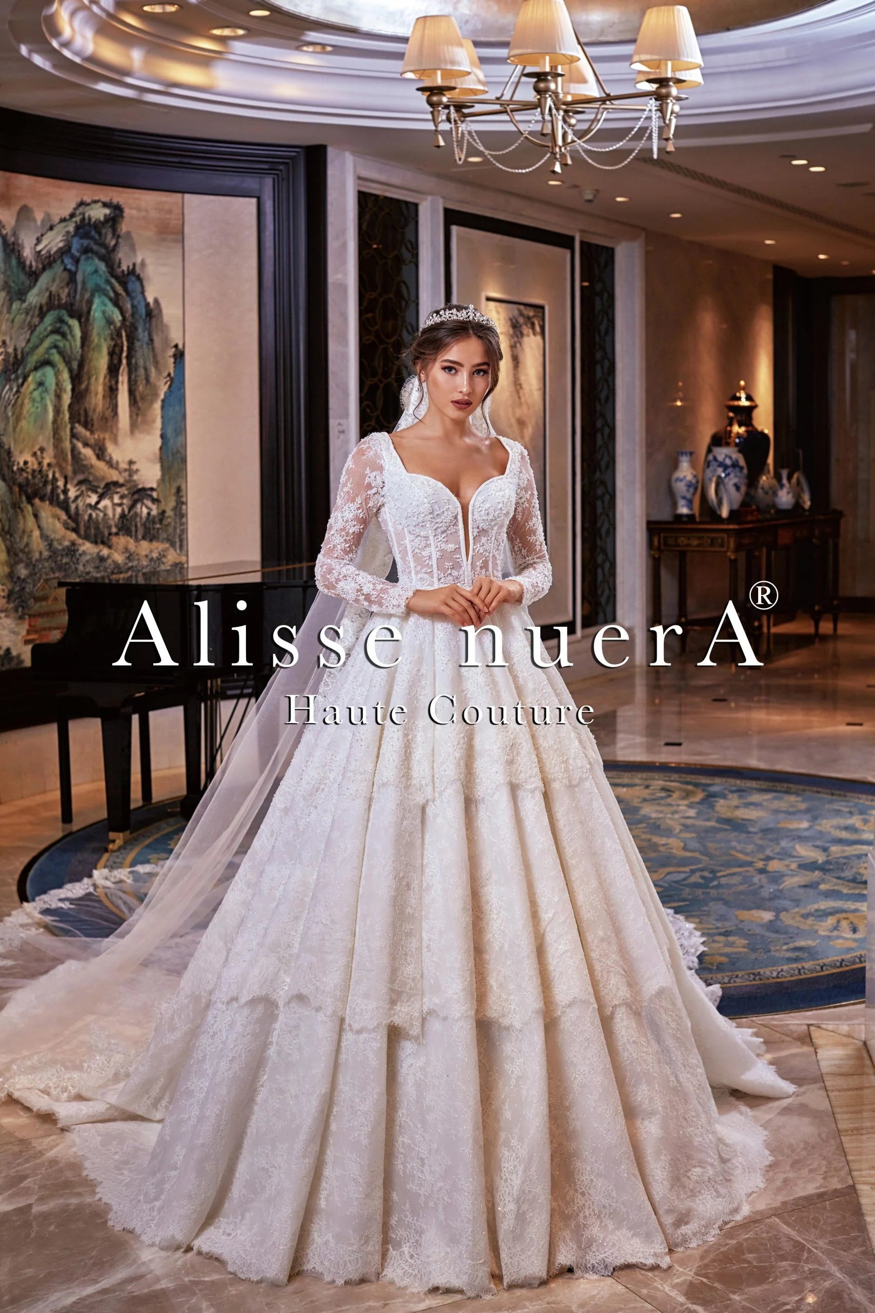 Dress for a rustic barn wedding outdoor style--A Line French Lace Wedding Gown with Mid Train