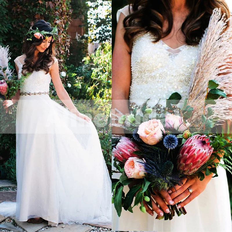 Wedding dress: dress codes for the day--Beaded sleeveless Ivory Tulle Shinning Bling A-line Wedding Dresses, AB1140 Wedding dress: dress codes for the day--Beaded sleeveless Ivory Tulle Shinning Bling A-line Wedding Dresses, AB1140
