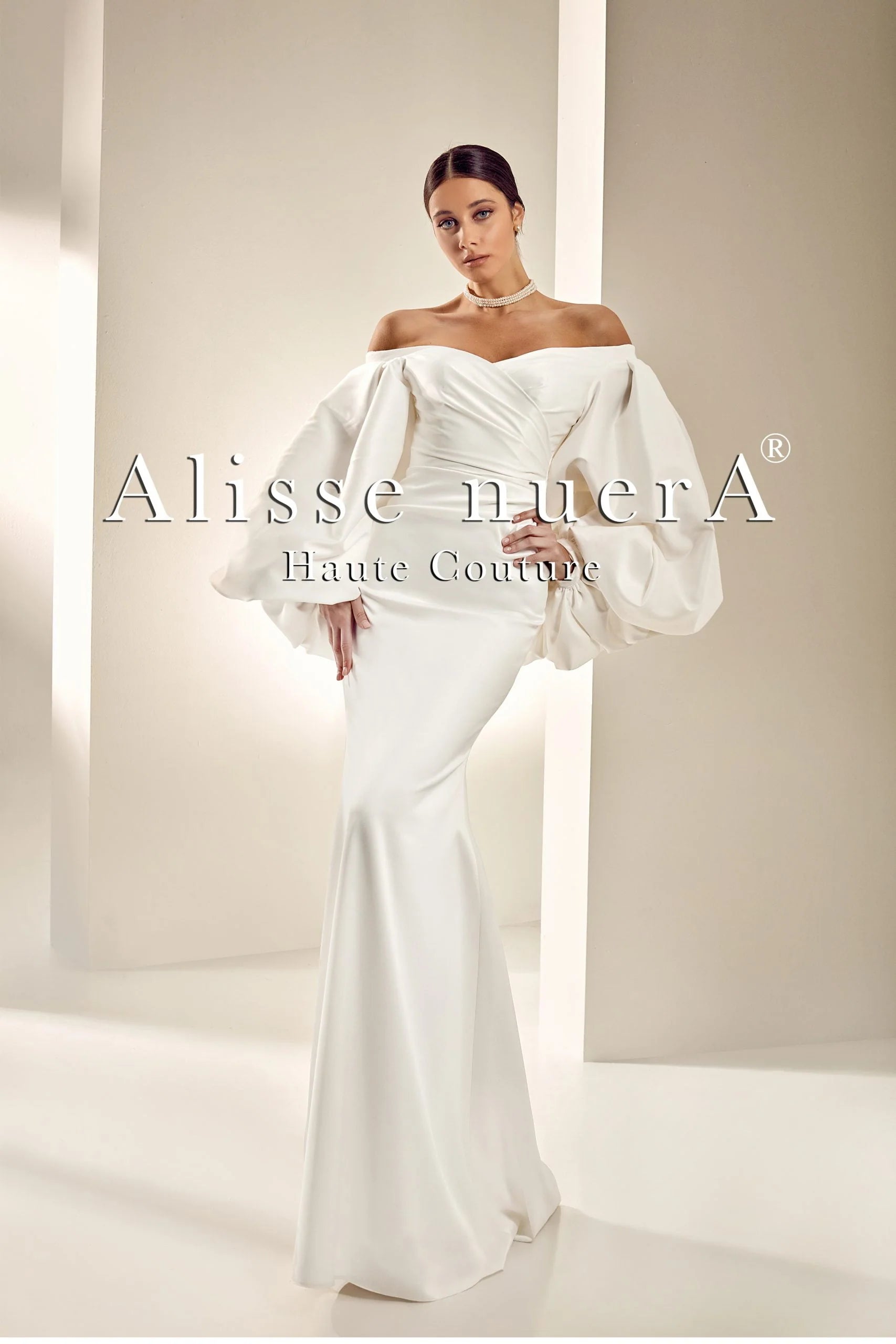 Wedding dress with a unique back design now--Boat Neck Puff Sleeve Satin Simple Wedding Ceremony Gown
