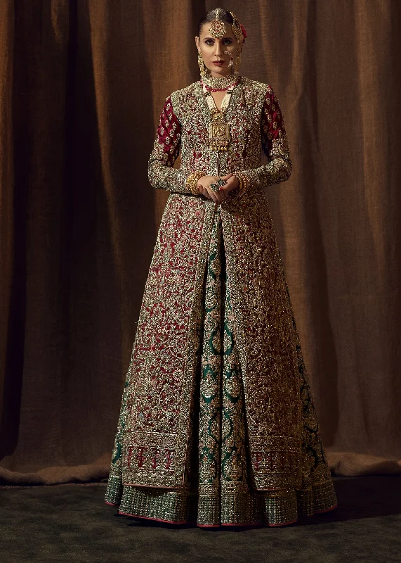 Wedding dress asymmetrical hemline style--Bridal Red Gown With Green Lehnga Dress (Paasbaan) Wedding dress asymmetrical hemline style--Bridal Red Gown With Green Lehnga Dress (Paasbaan)