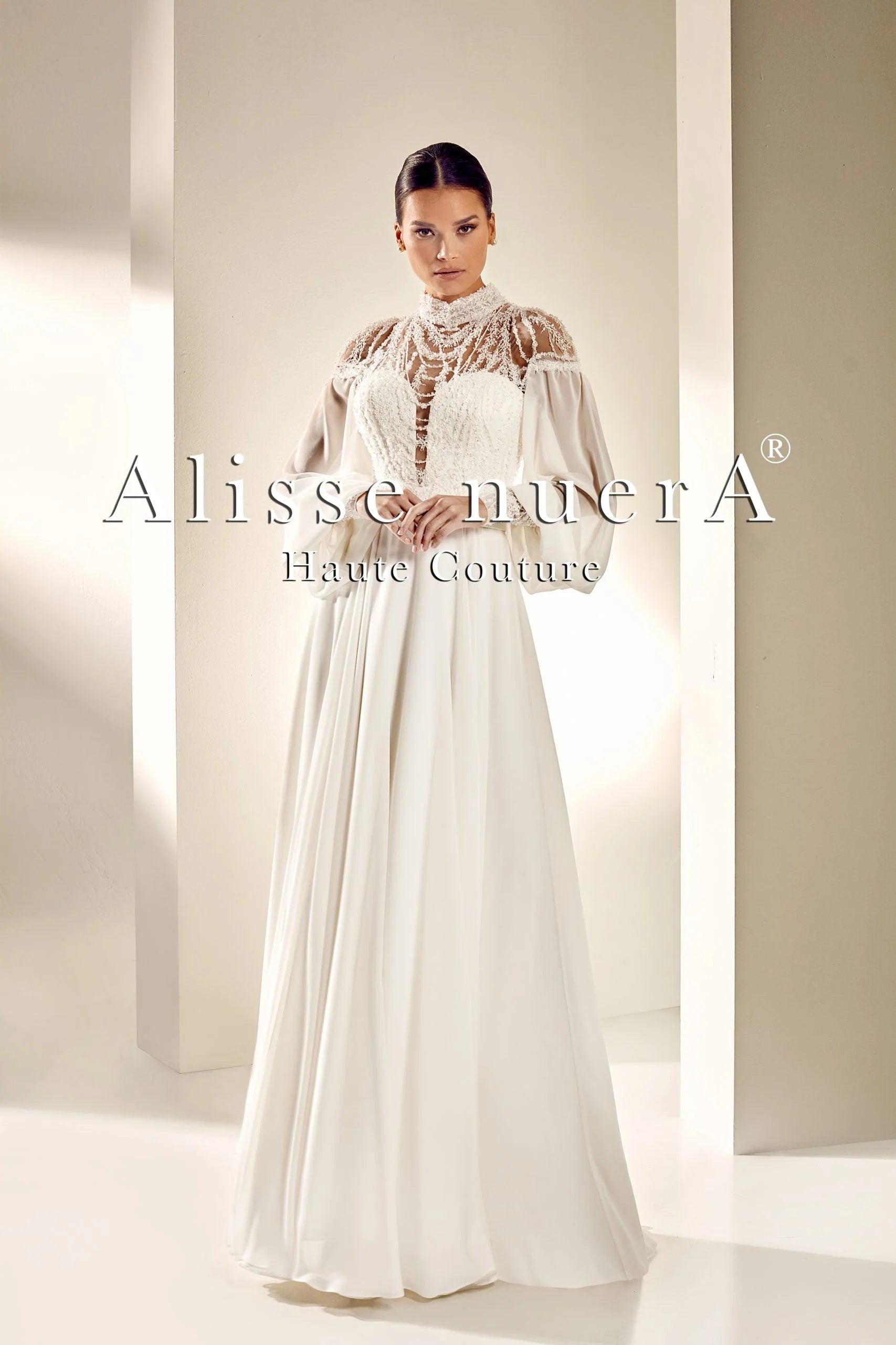 Wedding dress that is age-appropriate look--Chiffon Sleeve Turtleneck Wedding Dress with Pearl Stone Beadwork