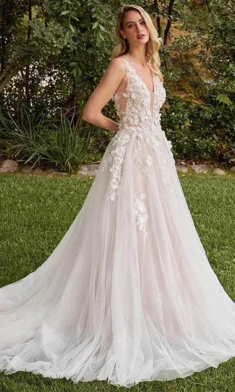 Wedding dress that is versatile after party--Cinderella Divine CDS436W - 3D Appliqued A-line Wedding Dress Wedding dress that is versatile after party--Cinderella Divine CDS436W - 3D Appliqued A-line Wedding Dress