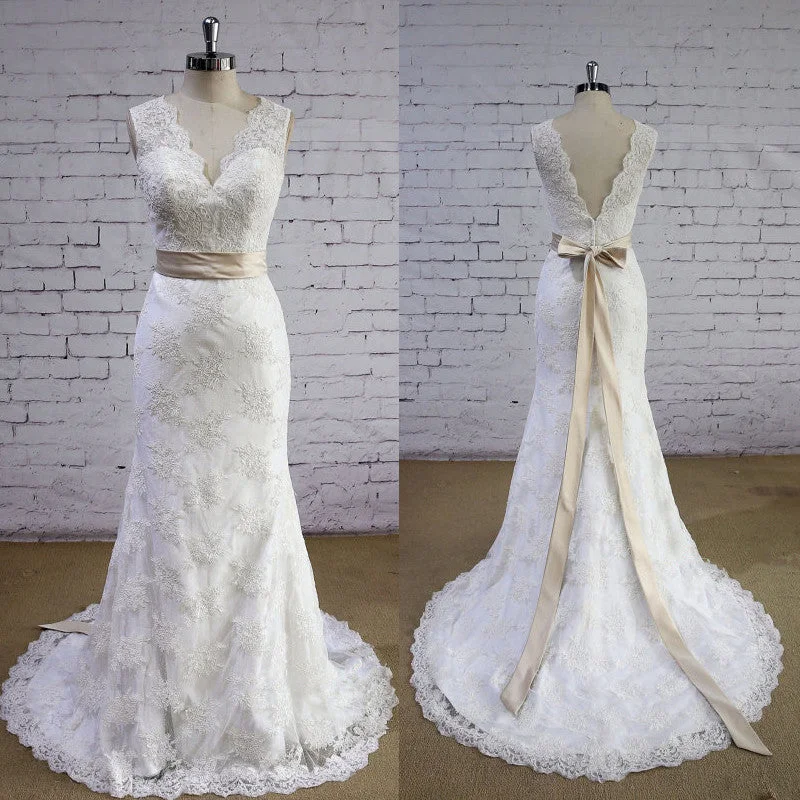 Wedding dress that is versatile after party--Lace Applique Sleeveless Mermaid V-neck Open-back Bow-Belt Ivory Wedding Dress, AB1081 Wedding dress that is versatile after party--Lace Applique Sleeveless Mermaid V-neck Open-back Bow-Belt Ivory Wedding Dress, AB1081
