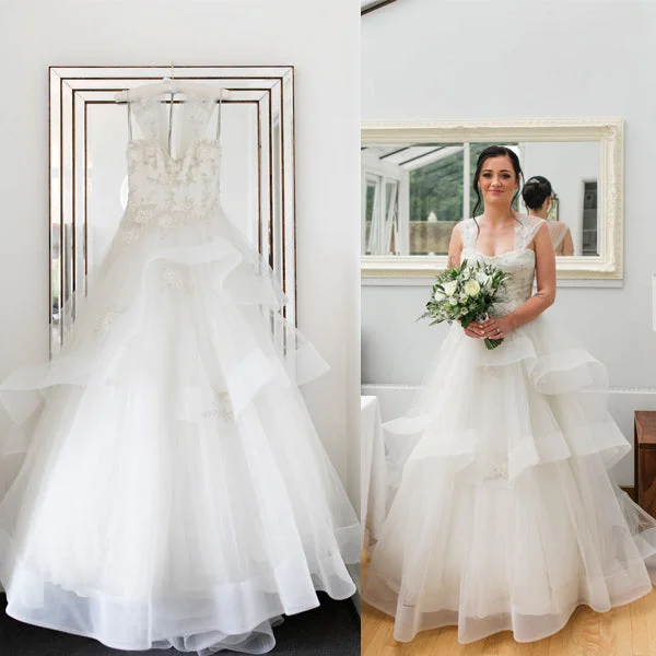 Wedding dress with lace accents elegant vibe--Vintage Ivory Ruffles Organza Applique Sleeveless Tiered Ball Gown Wedding Dresses, WD0098 Wedding dress with lace accents elegant vibe--Vintage Ivory Ruffles Organza Applique Sleeveless Tiered Ball Gown Wedding Dresses, WD0098